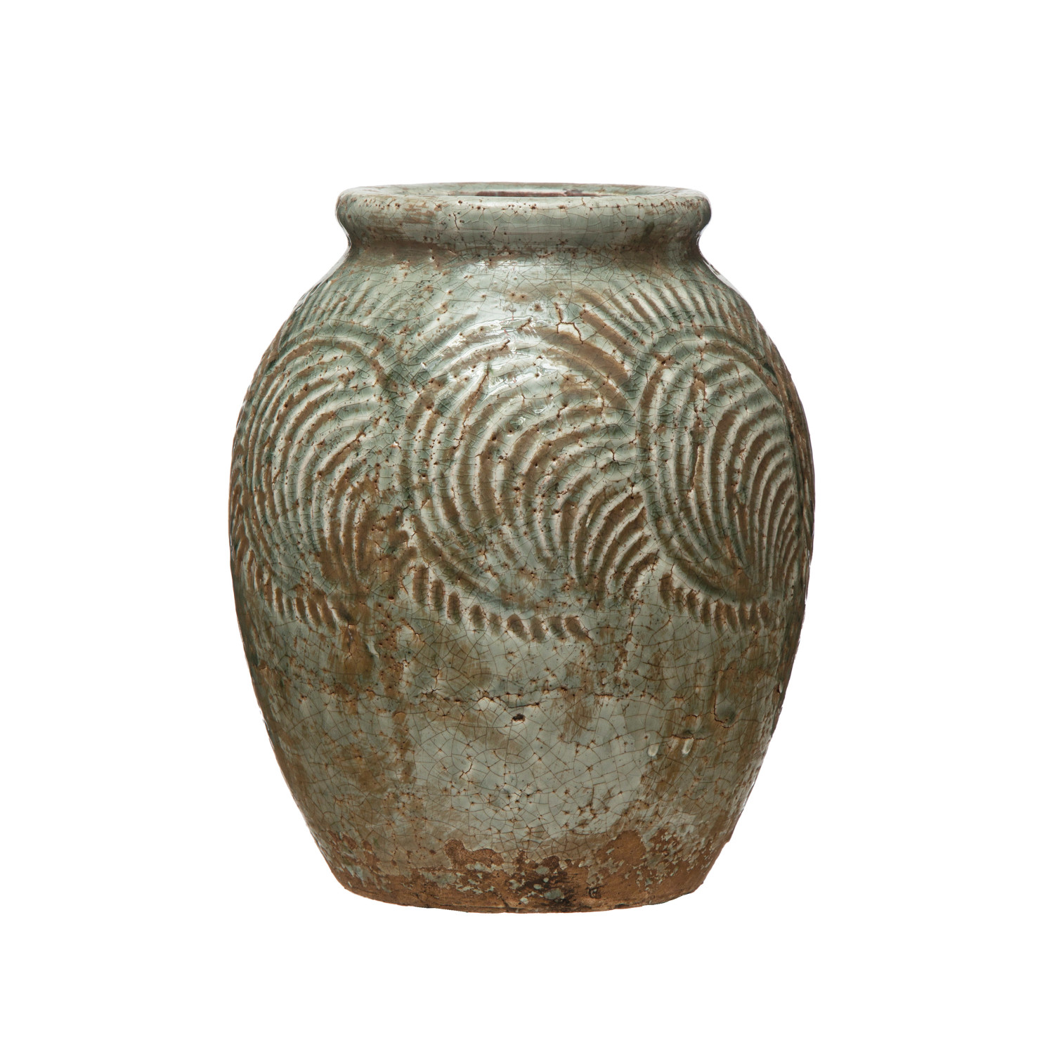 Embossed Terra-cotta Vase W/ Pattern, Heavily Distressed Finish, Light Blue