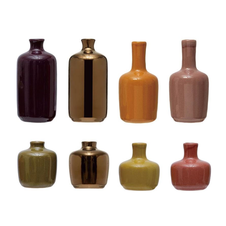 2-3/4H - 5-1/2H Stoneware Vases, Reactive Glaze, Set of 8 (Each