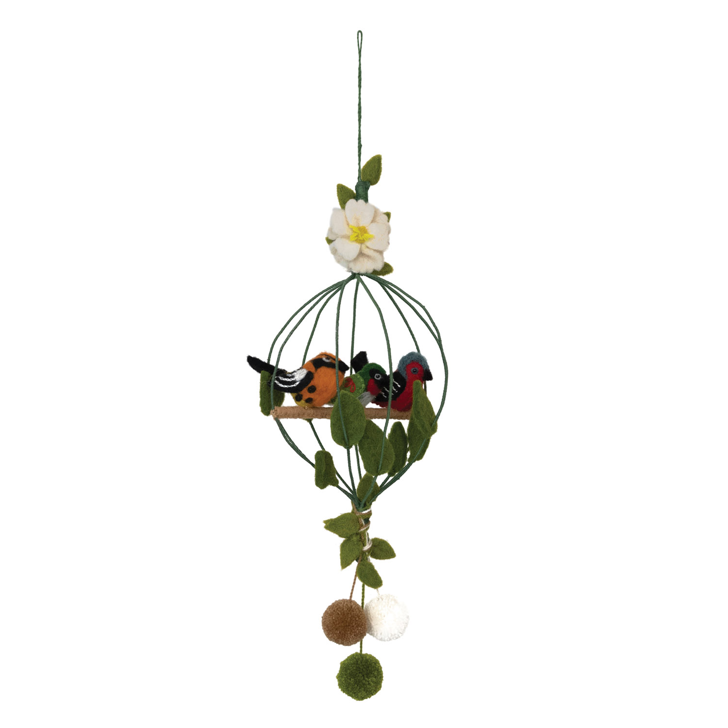 Wool Felt Bird Cage Mobile with 3 Birds, Flower and Pom Poms