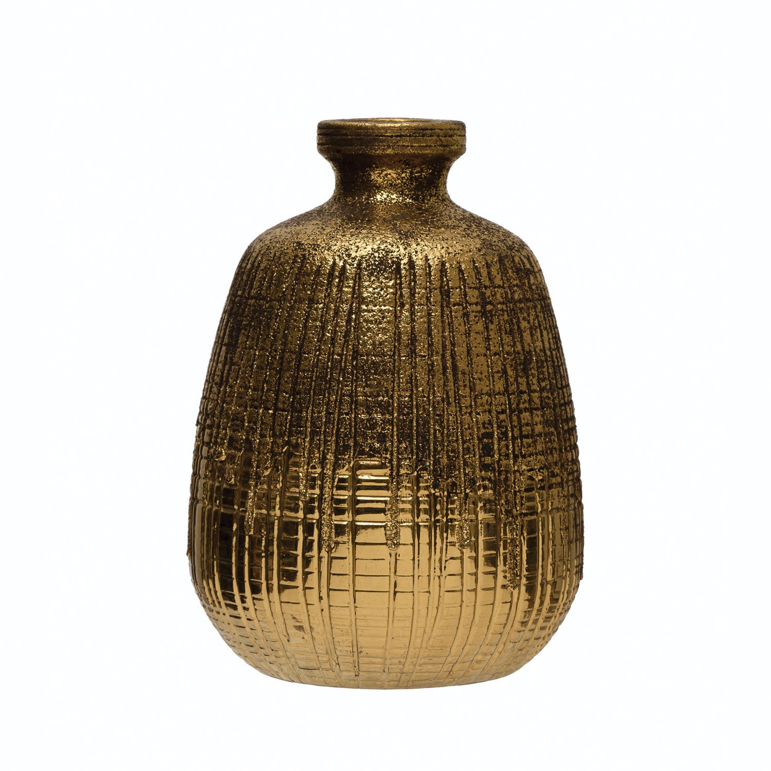 Textured Terra-cotta Vase With Lines, Gold Finish