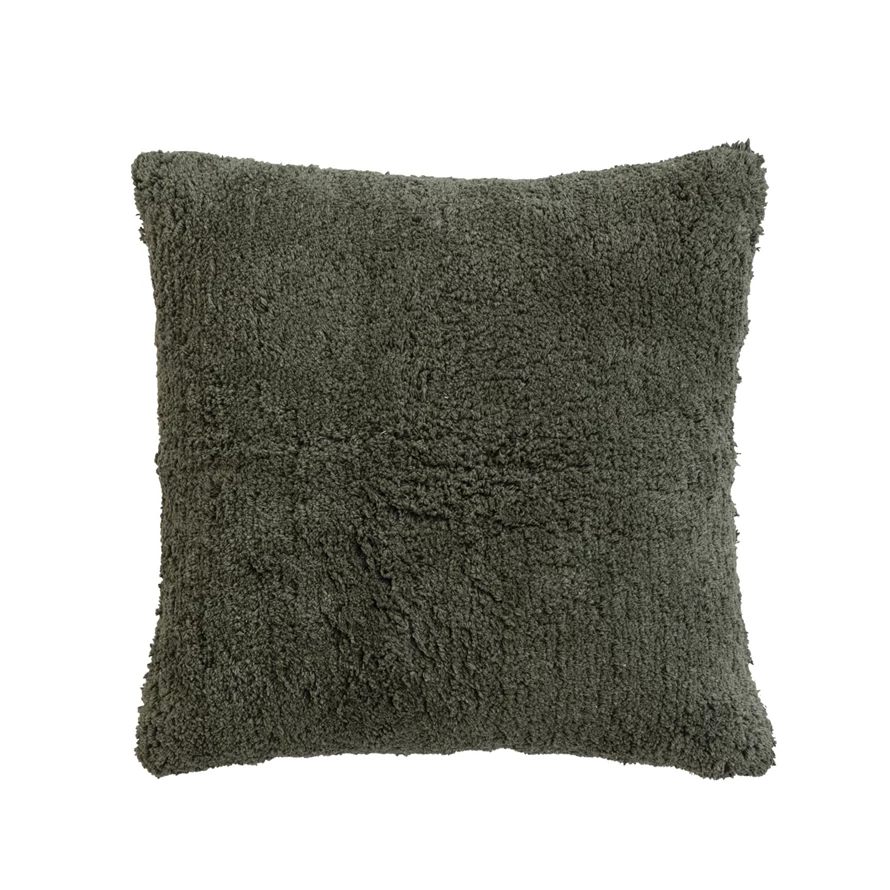 18 Square Cotton Tufted Pillow w/ Chambray Back, Forest Green & Natural