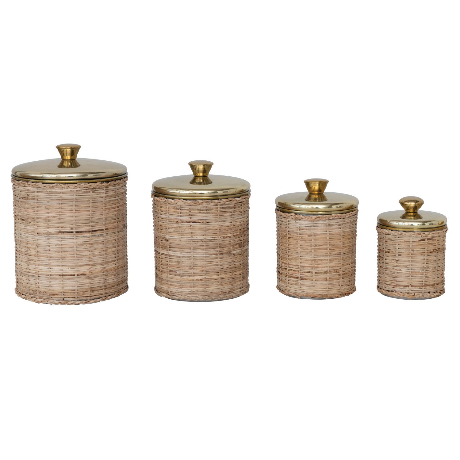 Rattan Wrapped Stainless Steel Canisters, Brass Finish, Set of 4