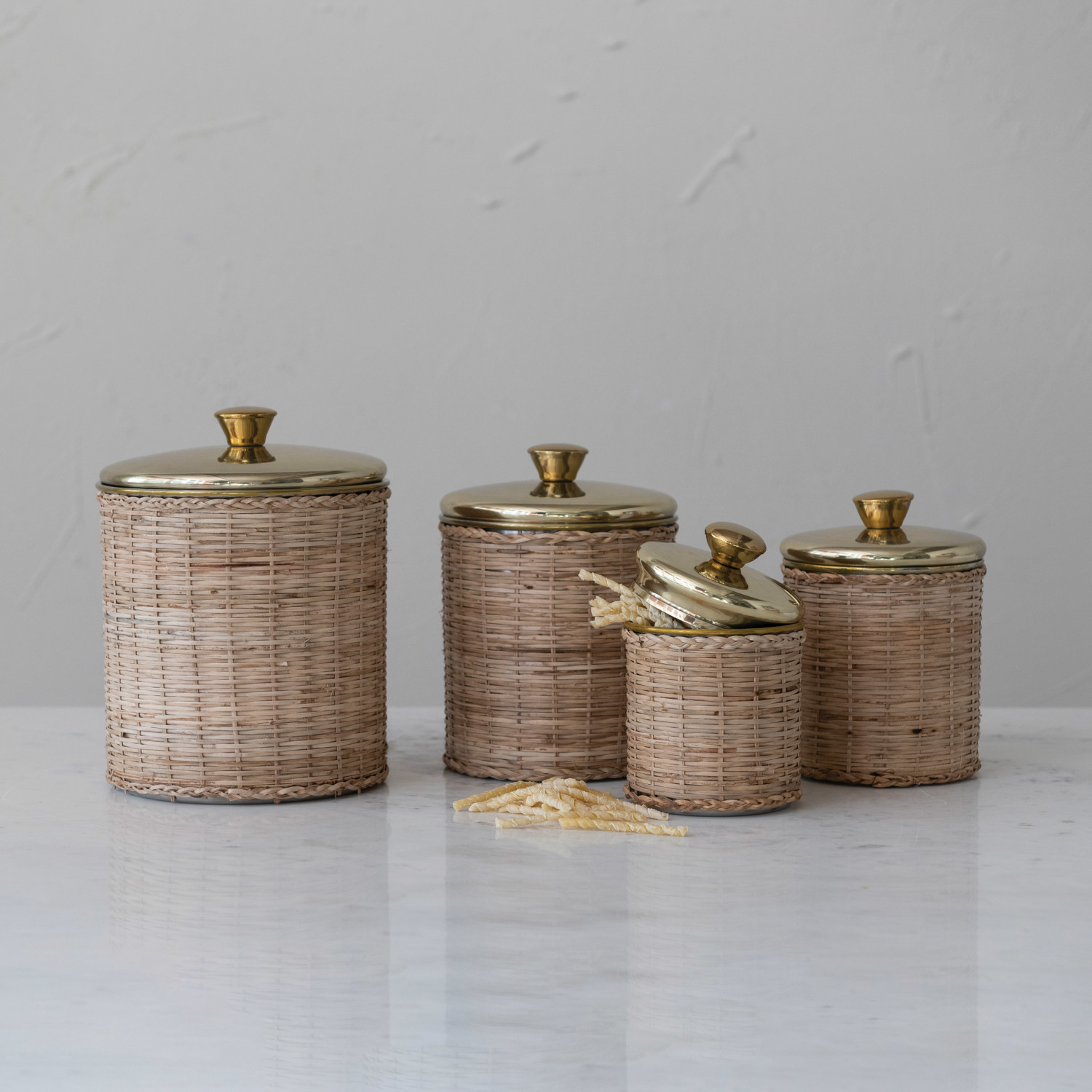 Rattan Wrapped Stainless Steel Canisters, Brass Finish, Set of 4