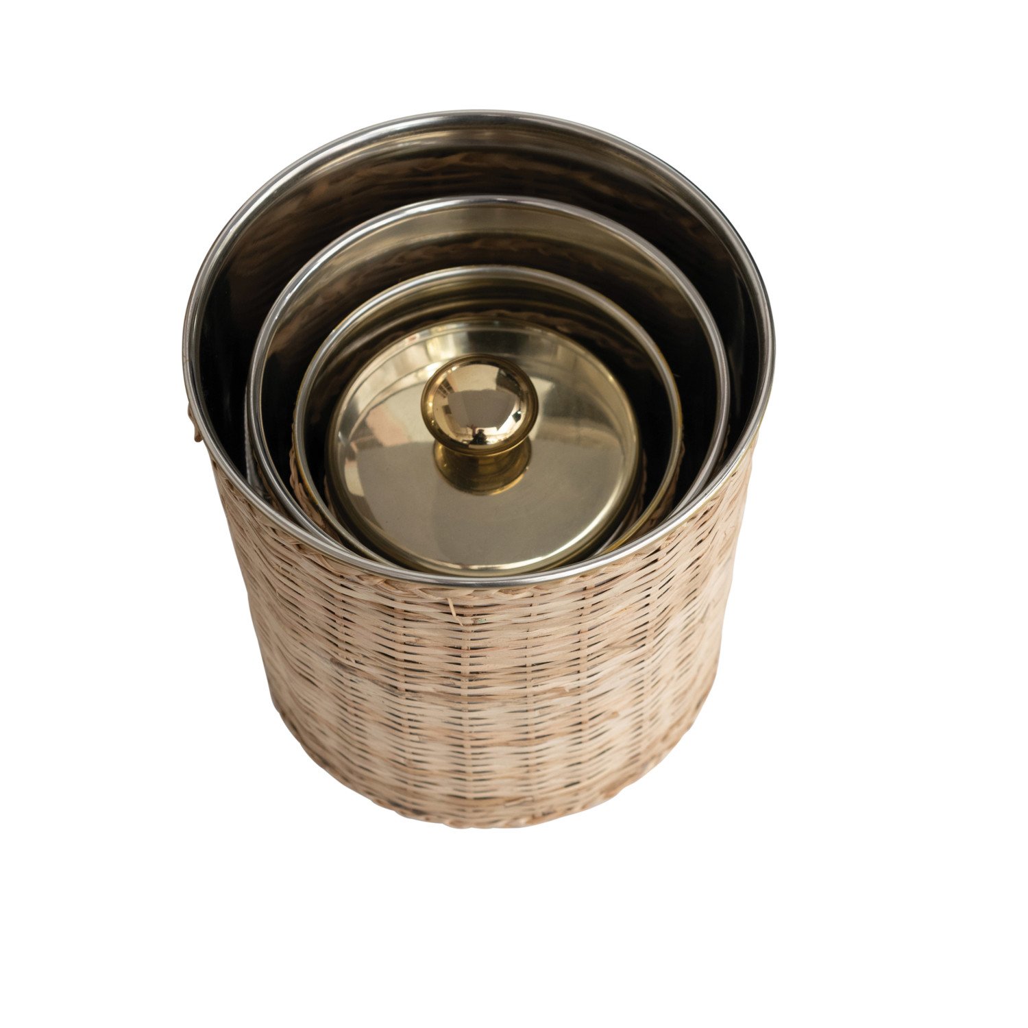 Rattan Wrapped Stainless Steel Canisters, Brass Finish, Set of 4