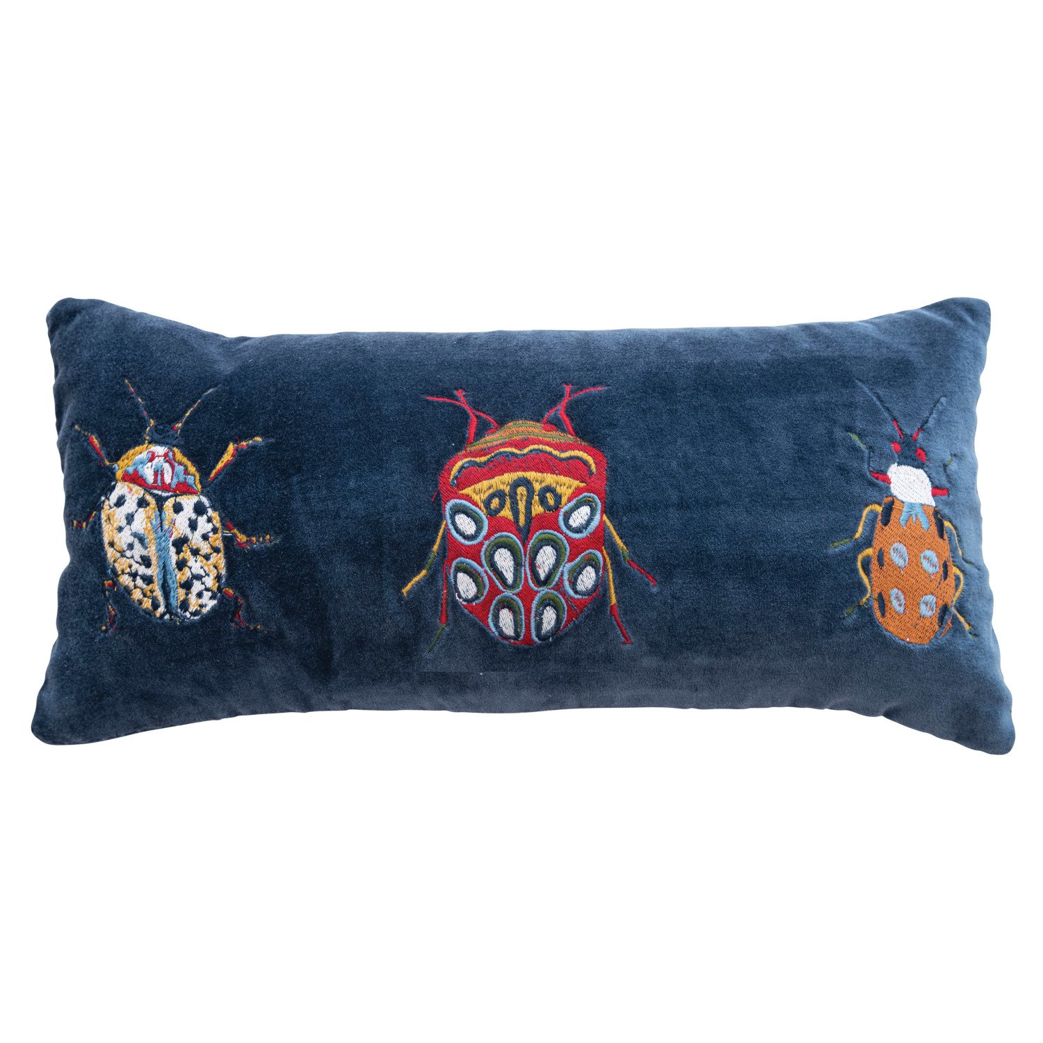 Cotton Velvet Embroidered Lumbar Pillow w/ Beetles & Chambray Back