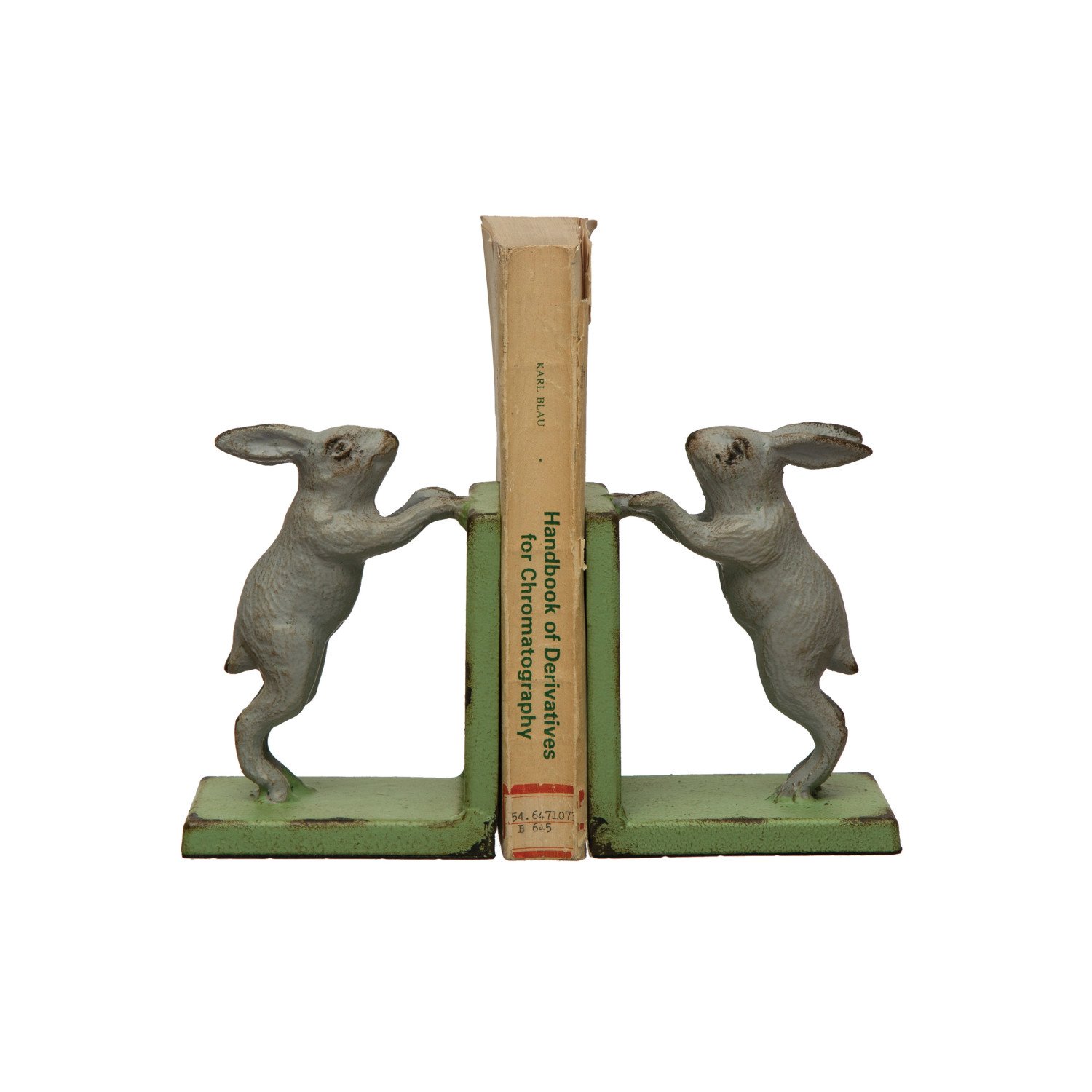 Cast Iron Rabbit Bookends Distressed Finish Green Grey Set Of 2   Df7311 