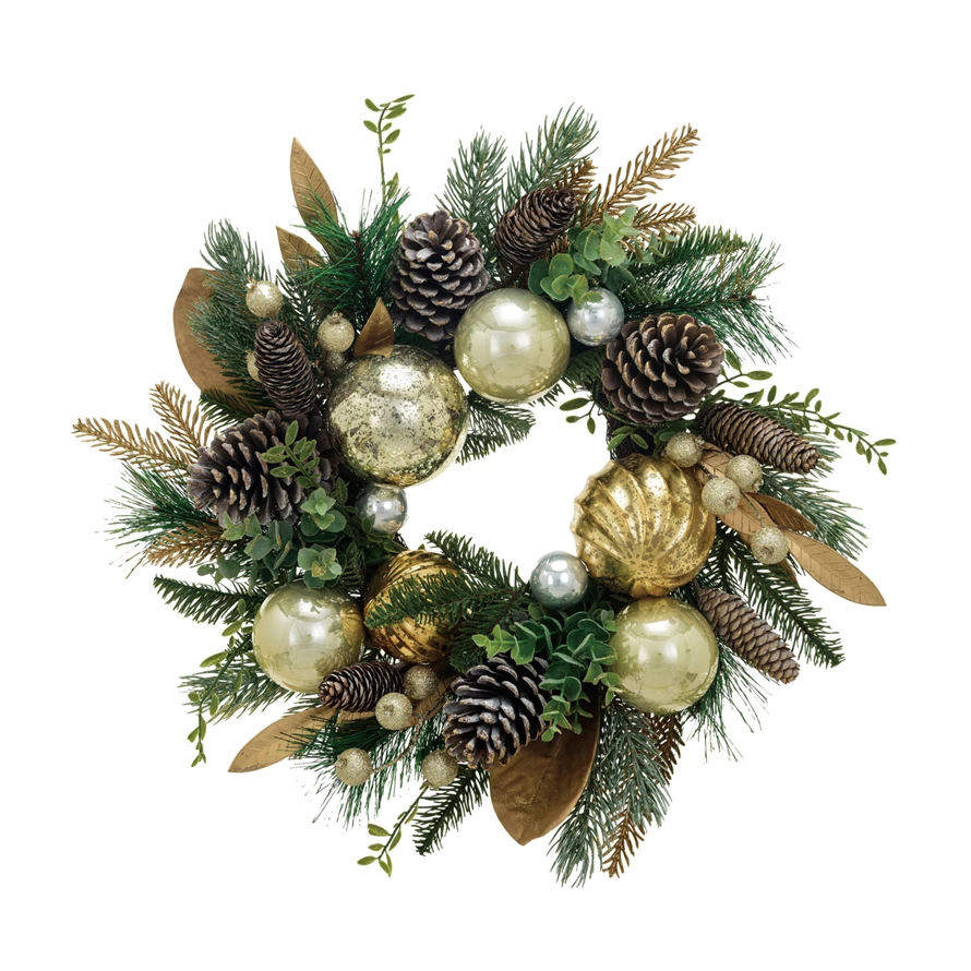 Faux Pine Wreath w/ Ornaments, Pinecones & Glitter, Multi Color