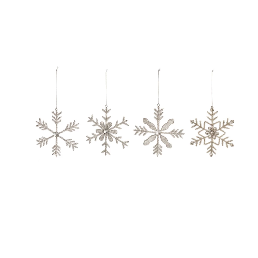 Metal & Glass Bead Snowflake Ornament, Silver Finish, 4 Styles