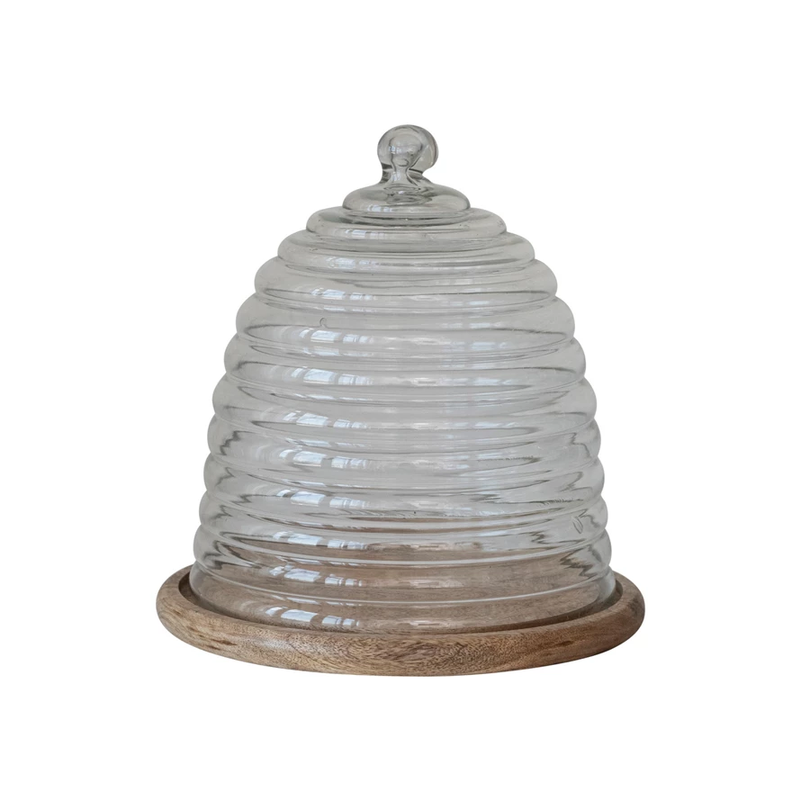 Glass Cone Shaped Cloche with Mango Wood Base, Set of 2
