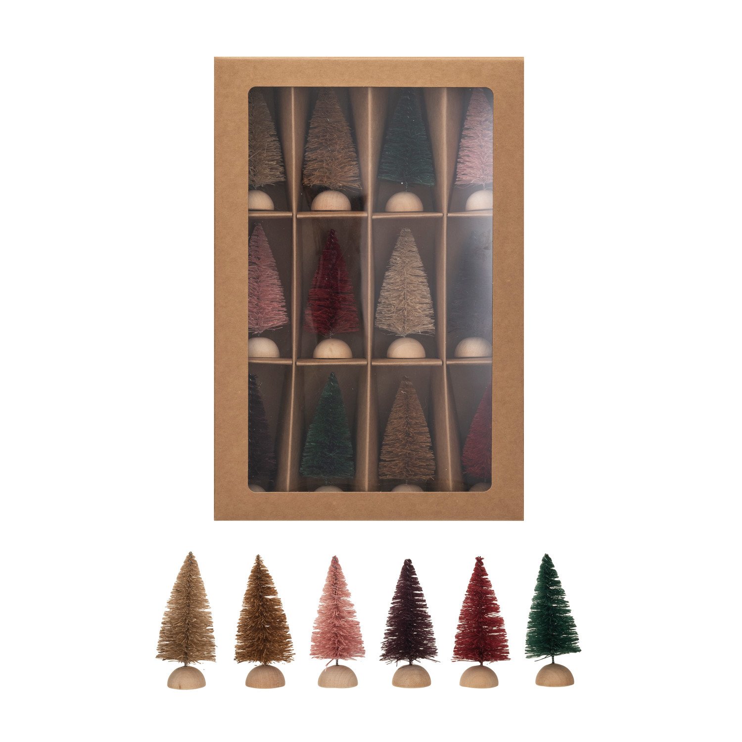 Sisal Bottle Brush Trees W/ Wood Bases, Boxed Set Of 12