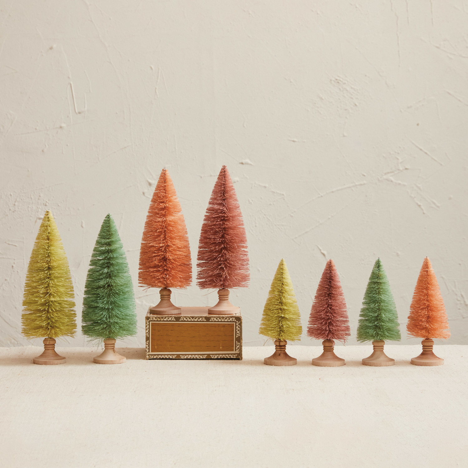 Sisal Bottle Brush Tree W/ Wood Base, 4 Sherbet Colors