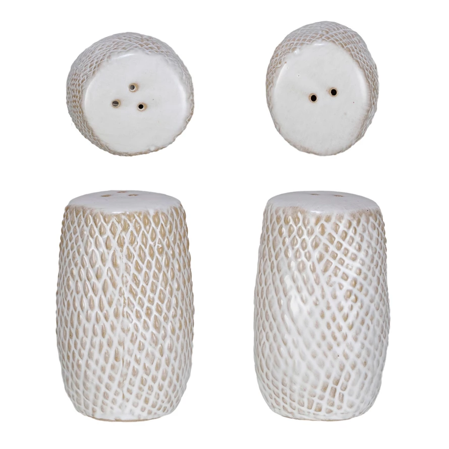 White Debossed Salt and Pepper Shaker Set