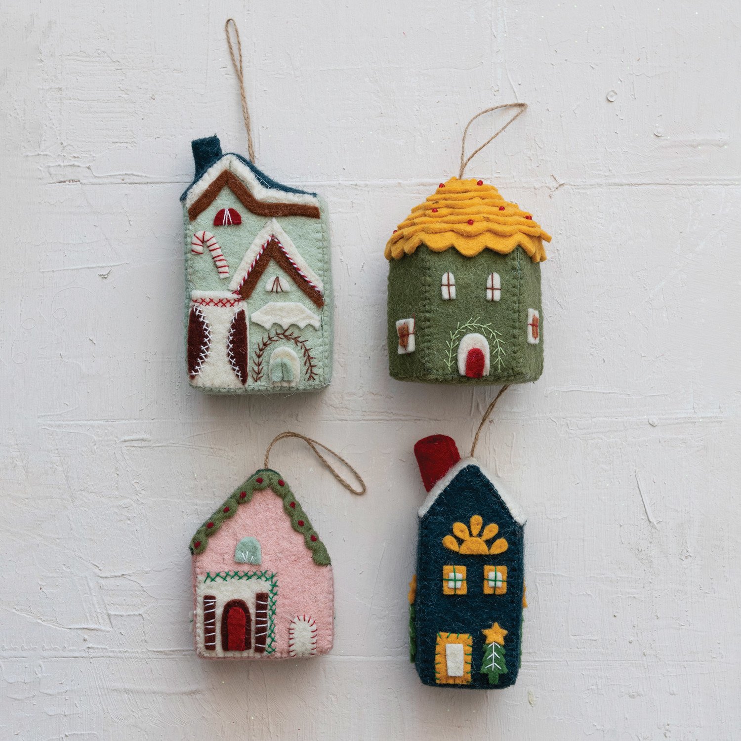 Handmade Wool Felt House Ornament w/ Applique & Embroidery, Multi Color