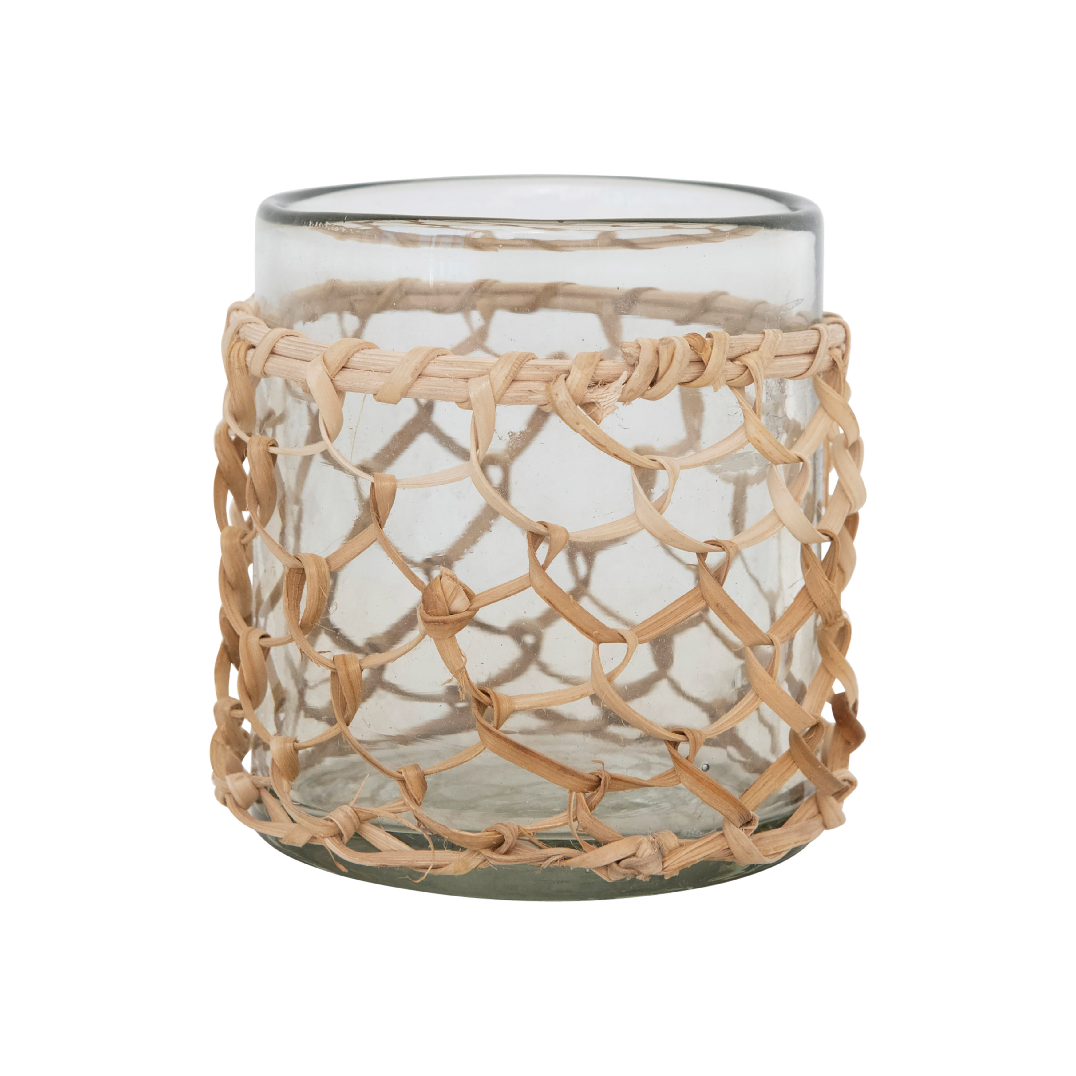 Glass Rattan Wrapped Votive Holder With Woven Rattan Sleeve 5846