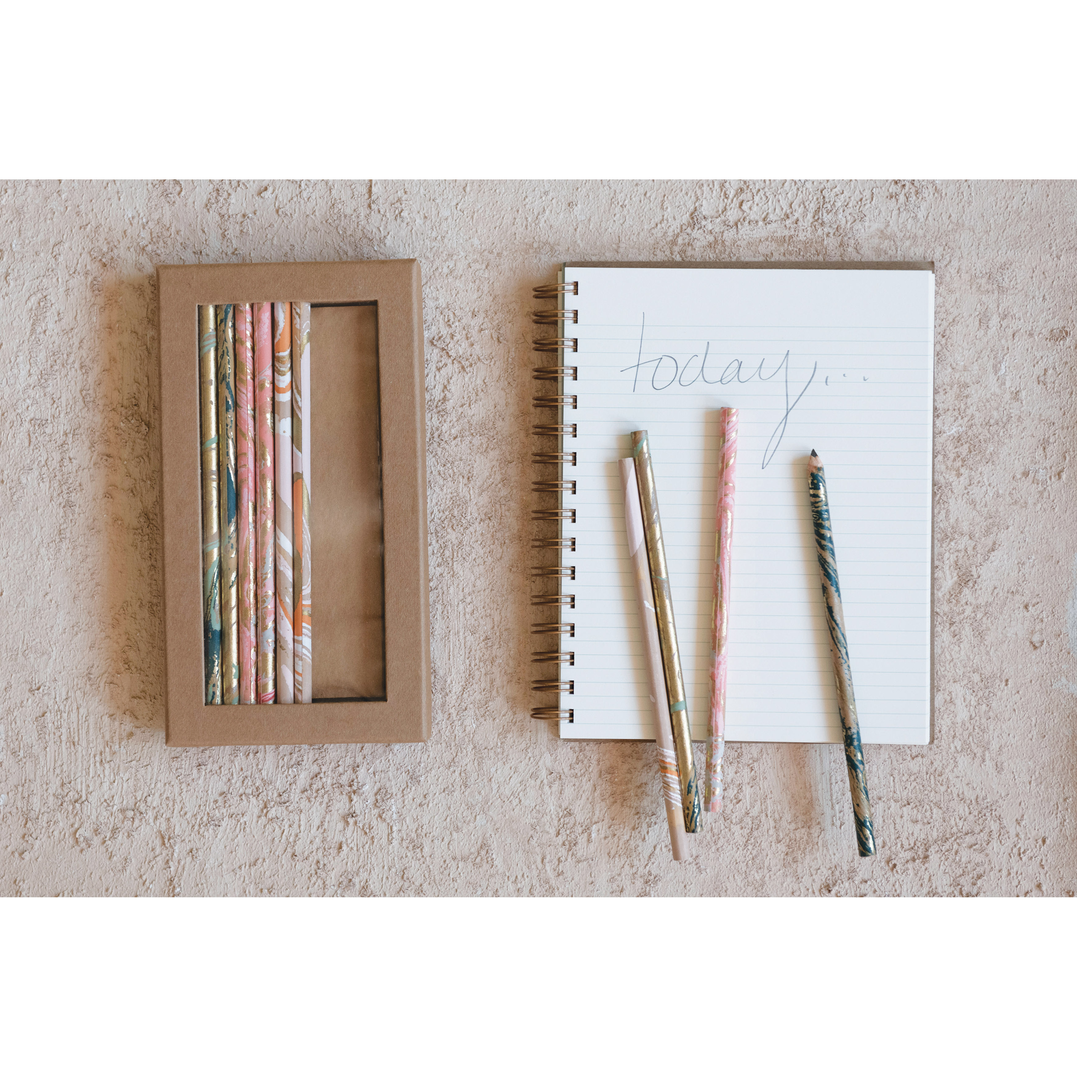 Handmade Paper Wrapped Wood Pencils with Marble Pattern in Kraft Box