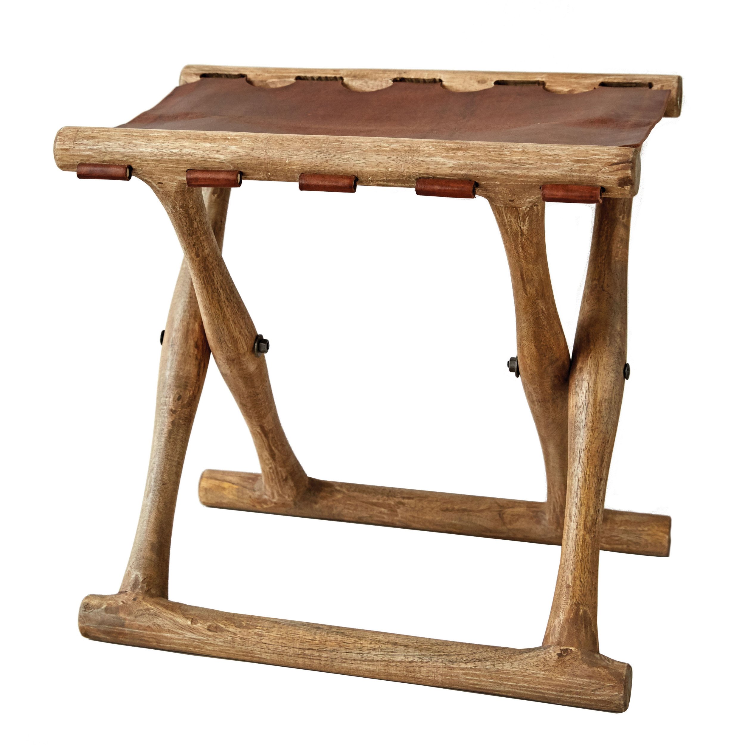 21L X 14 1 2W X 21H Mango Wood Leather Folding Stool   Da6315 